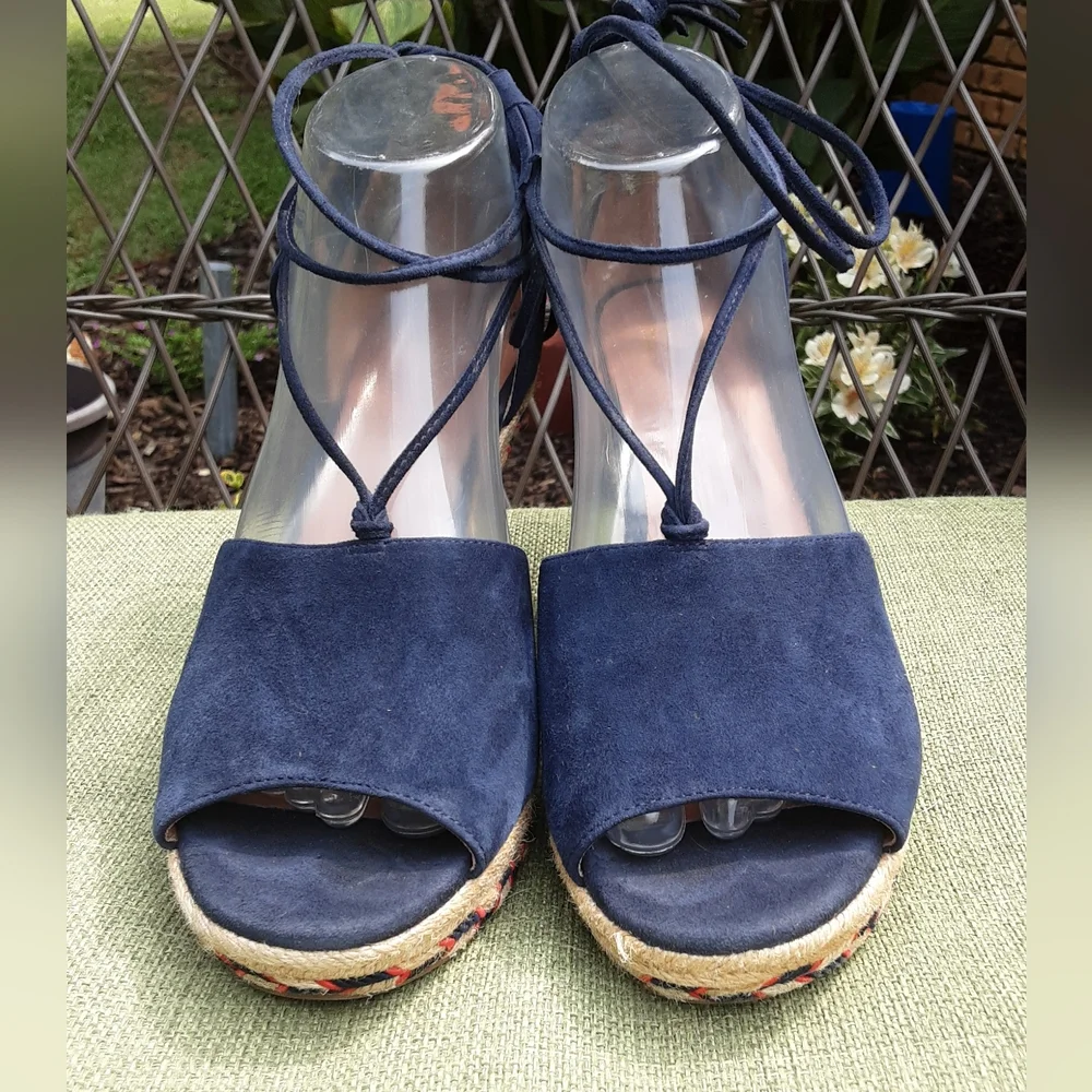Cabi Isla Southwestern Aztec Pattern Suede Lace Up Wedge Sandal.